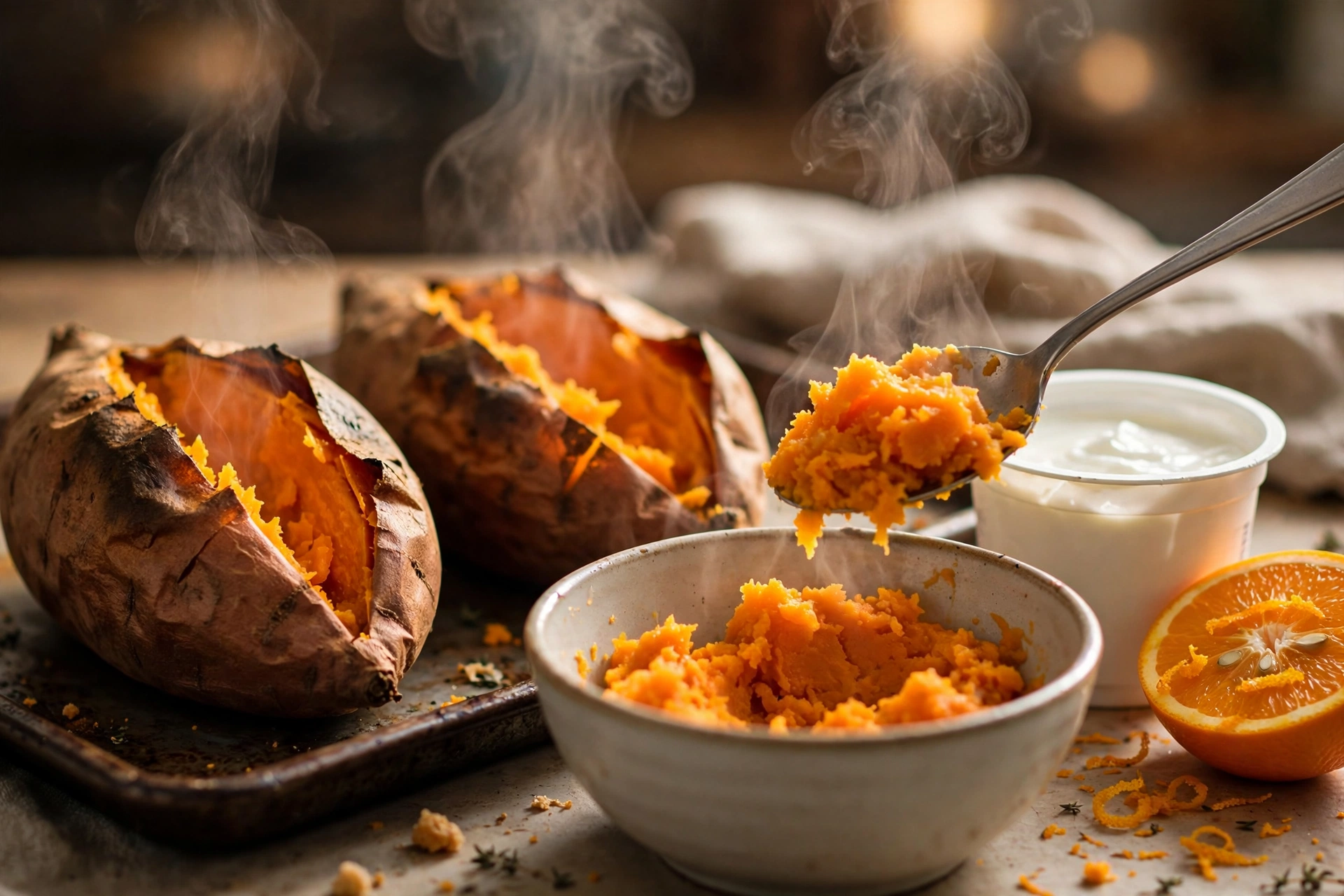 Roasted sweet potatoes split open with Greek yogurt and orange ready for the whipped sweet potatoes with Greek yogurt