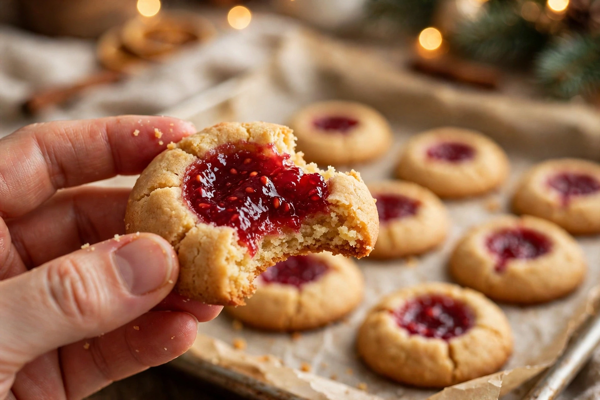 Hand holding a bitten healthy thumbprint cookie showing the jammy raspberry center, with more thumbprint cookies on a baking sheet behind