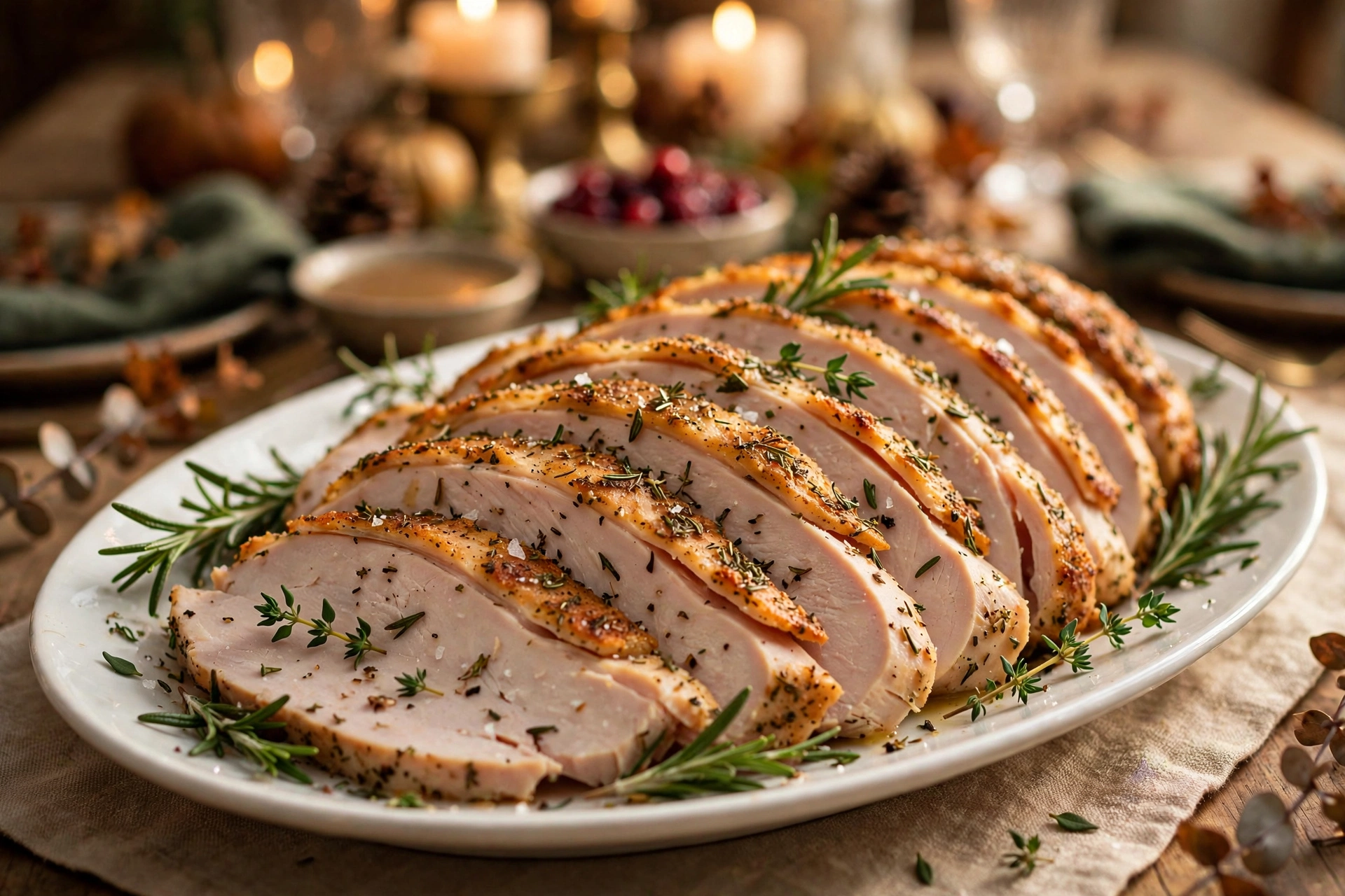 Healthy herb roasted turkey breast sliced on a platter with golden herb-crusted skin