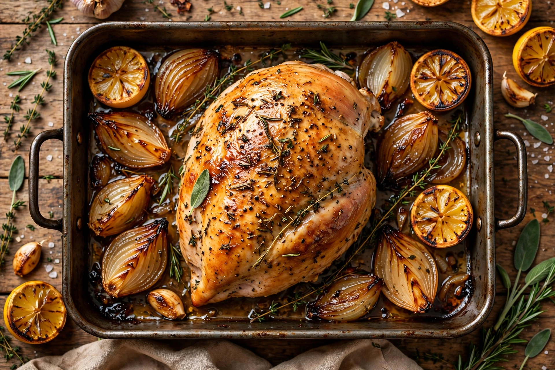 Overhead view of healthy herb roasted turkey breast with roasted onions and lemon in the pan