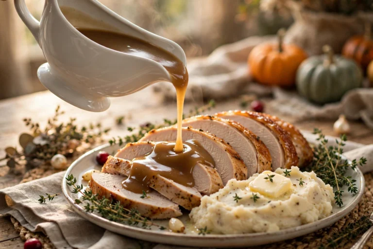 Silky healthy turkey gravy being poured from a white gravy boat over sliced roasted turkey with mashed potatoes