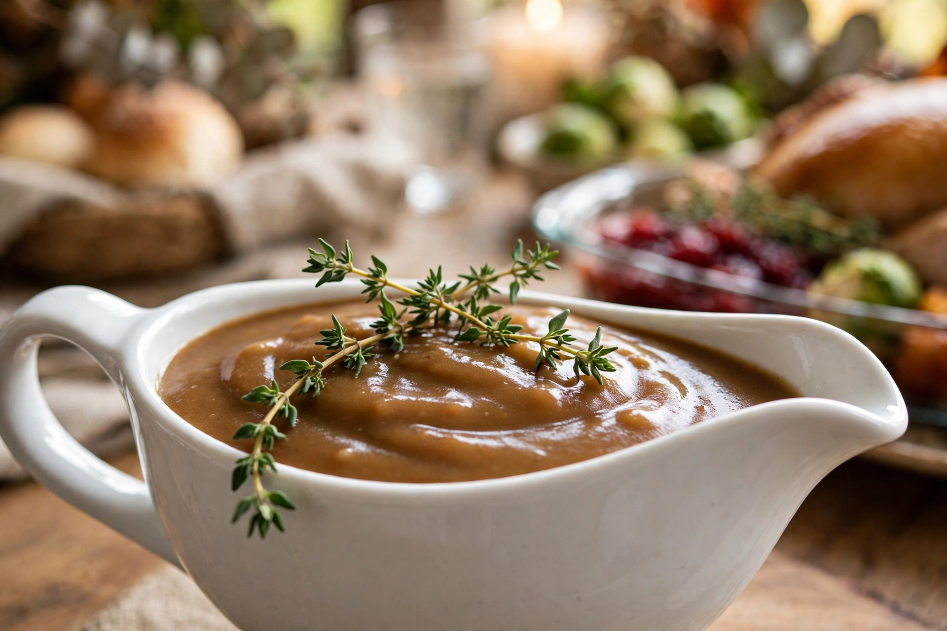 Close-up of smooth healthy turkey gravy in a white gravy boat garnished with fresh thyme sprigs