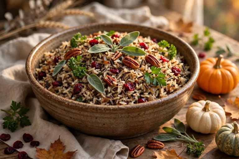 Rustic bowl of healthy wild rice pilaf with cranberries, toasted pecans, sage and parsley on an autumn Thanksgiving table with mini pumpkins