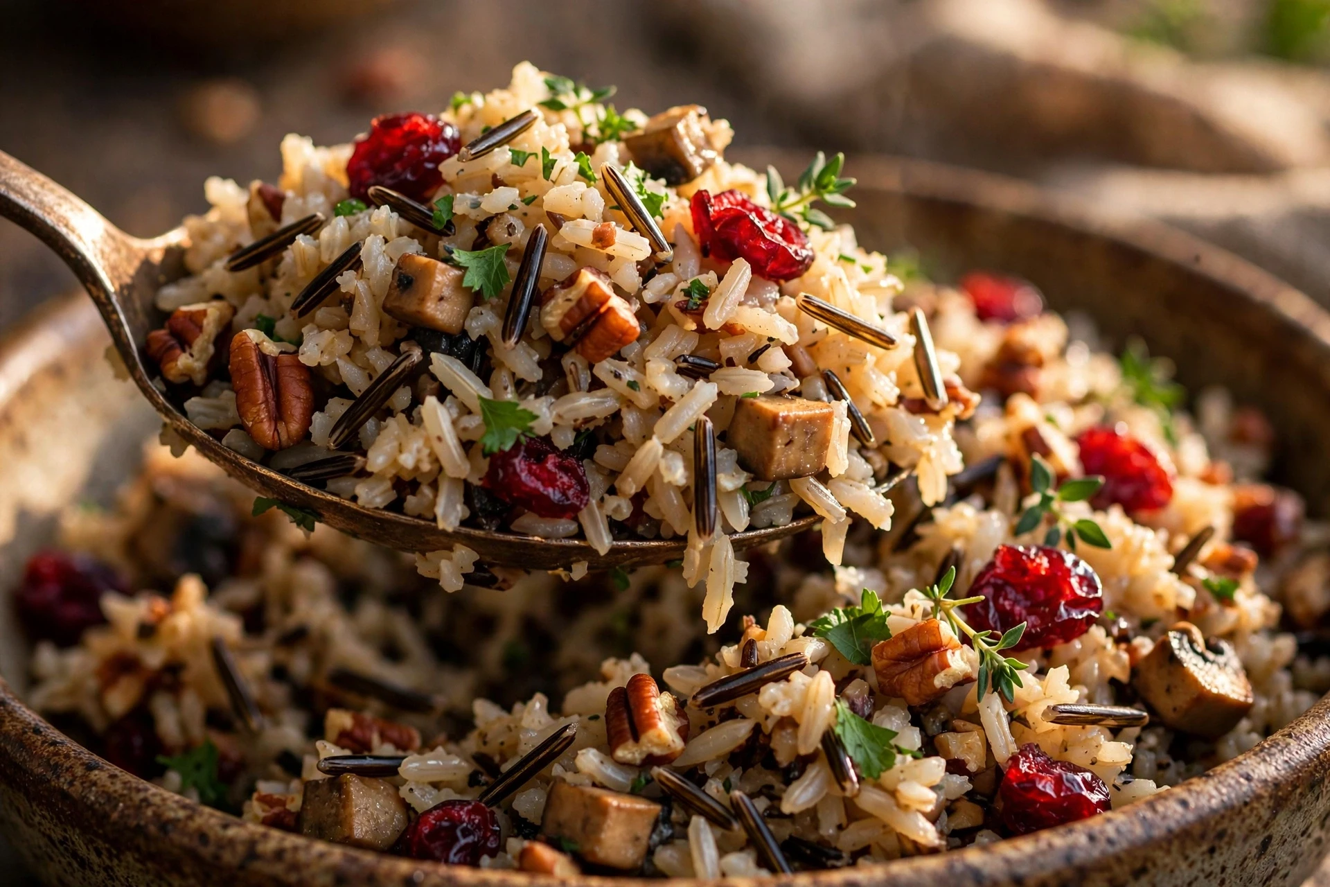 Close up spoonful of healthy wild rice pilaf showing split wild rice grains, mushrooms, cranberries and pecans